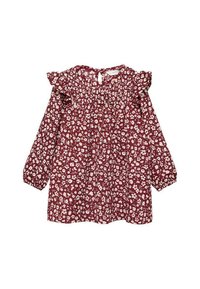 Burgundin kukkavaatetus pitkilla hihoilla, frilla-kauluksessa ja smokkibodissa. Sisältää pieniä valkoisia kukkia ja avainaukko-takakuvion.