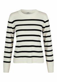 Sweter w paski w kolorze kremowym i czarnym. Posiada długie rękawy, okrągły dekolt oraz ściągacz na dole. Wykonany z miękkiego dzianinowego materiału.