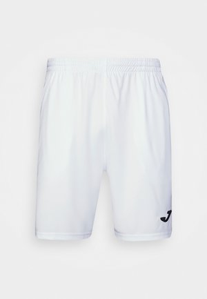Weiße Sportshorts mit elastischem Bund. Mit einem schwarzen Logo auf der linken Seite. Glatter, leichter Stoff mit tailliertem Design.