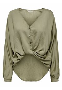 Blouse à manches longues vert olive avec un col en V, une fermeture boutonnée à l'avant et un détail de nœud torsadé à la taille. Tissu lisse et coupe décontractée.