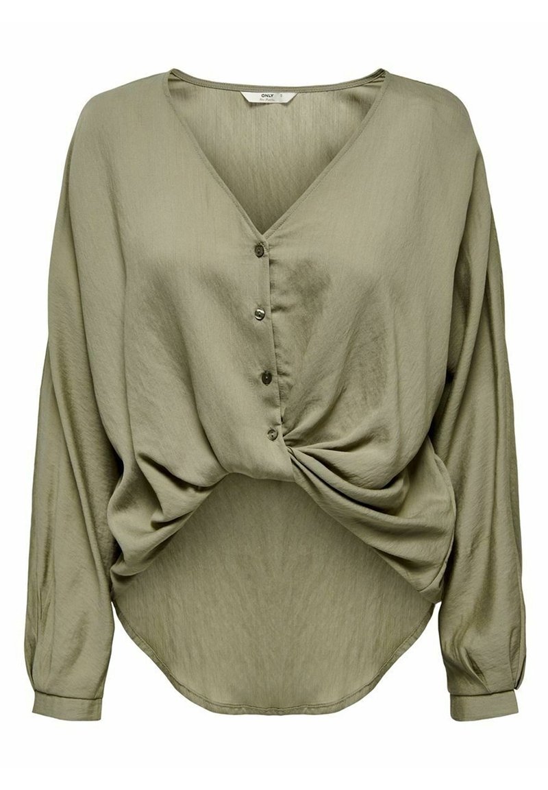 Blouse à manches longues vert olive avec un col en V, une fermeture boutonnée à l'avant et un détail de nœud torsadé à la taille. Tissu lisse et coupe décontractée.