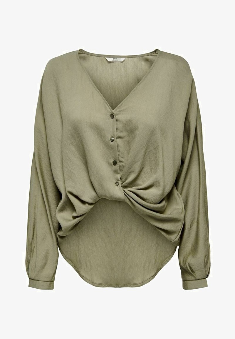 Blouse à manches longues vert olive avec un col en V, une fermeture boutonnée à l'avant et un détail de nœud torsadé à la taille. Tissu lisse et coupe décontractée.