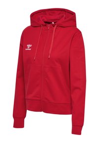 Rode zip-up hoodie gemaakt van zachte stof. Voorzien van een capuchon met trekkoorden, voorzakken en een klein logo op de linkerborst.