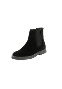 Black suede ankle boot with elastic side panels, rounded toe, flat rubber sole, and contrasting stitching along the edge.