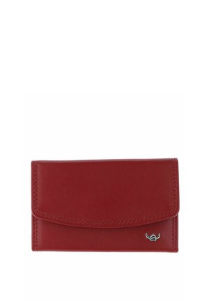 Red leather wallet with stitching details and a small silver logo emblem on the lower right corner.