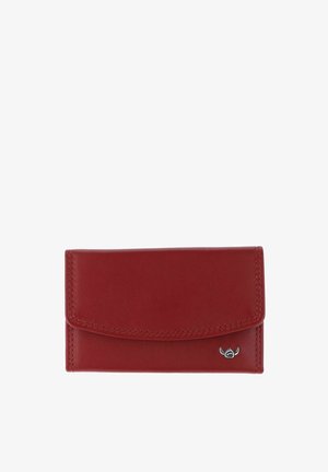 Red leather wallet with stitching details and a small silver logo emblem on the lower right corner.