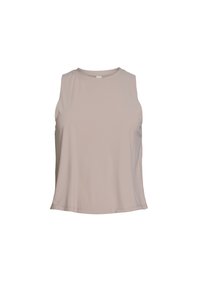 Top beige senza maniche con scollatura rotonda, realizzato in tessuto morbido. Design fluido, drappeggio sottile e senza motivi o accenti visibili.