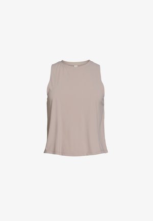 Haut beige sans manches avec un col rond, en tissu doux. Design fluide, drapé subtil, sans motifs ni accents visibles.