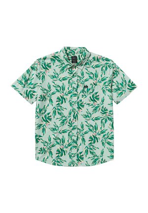Camicia a maniche corte con bottoni in tessuto verde menta, caratterizzata da un motivo di foglie verdi con accenti rosa e una tasca sul petto.