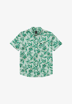 Kurzarm-Hemd aus mintgrünem Stoff mit einem Muster aus grünen Blättern und rosa Akzenten sowie einer einzelnen Brusttasche.