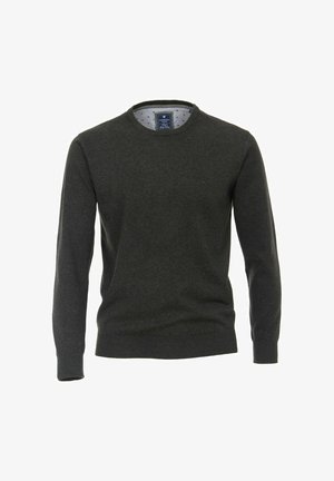 Dunkelgrauer Rundhalspullover aus Strickstoff, mit langen Ärmeln und gerippten Bündchen. Am Halsausschnitt ist ein Etikett mit subtiler Markenkennzeichnung sichtbar.