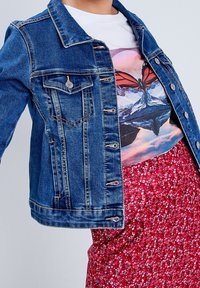Veste en denim bleue avec col, poches avant et fermeture par boutons. Portée sur un t-shirt graphique représentant un papillon et des montagnes.