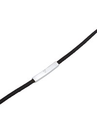 Black suede cord bracelet featuring a rectangular silver metal accent with a polished finish and engraved detailing.