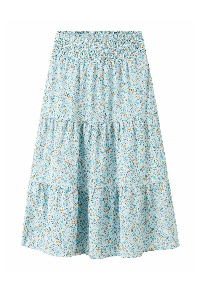 Blå blommig lagerkjol med en smockad midja, tillverkad av lättviktsmaterial med ett mönster av små blommor i gult och blått.