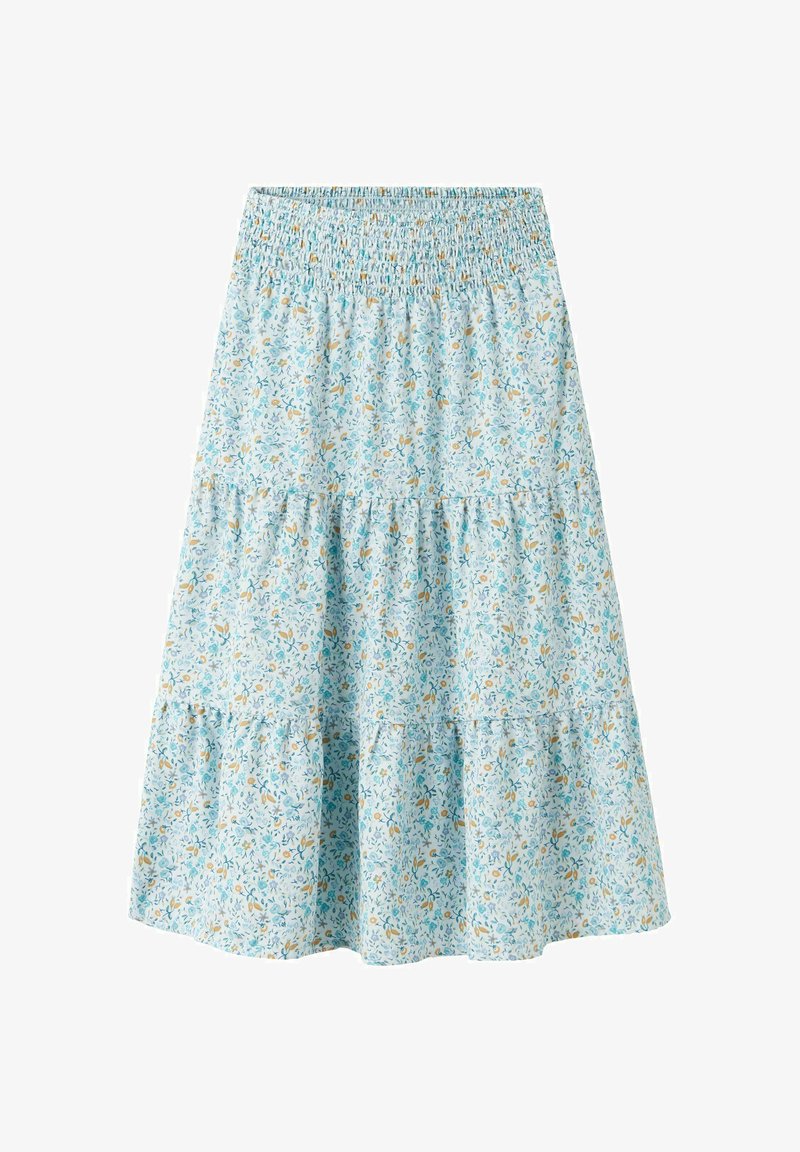 Niebieska spódnica w kwiaty z falbanami, z elastycznym pasem, wykonana z lekkiego materiału w drobny wzór w żółte i niebieskie kwiaty.