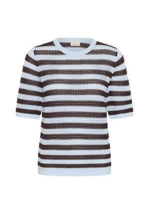 Pull en maille à manches courtes avec des rayures horizontales alternées bleu clair et brun foncé et un col rond.