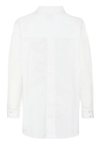 Back view of a long-sleeve white shirt with buttoned cuffs and a straight collar on a plain background.
