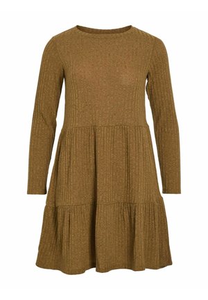 Brun ribbad klänning med lång ärm, rund halsringning och flerradig design. Mjuk textur med samlade partier på kjolen.