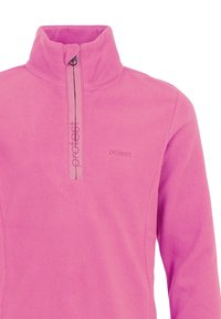 Ružový fleece pulóver s polovičným zipsom na golieri, s vyšitým logom a hladkou textúrou. Navrhnutý pre pohodlie a teplo.