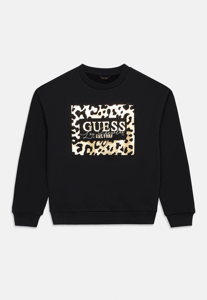 Černá mikina se zvířecím vzorem leopardího tisku a zlatými akcenty, s výrazným nápisem "GUESS". Klasický design s kulatým výstřihem.