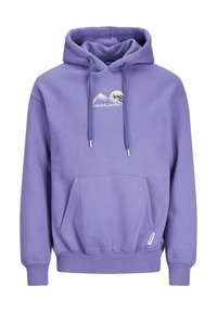 Felpa viola con tasca frontale, cappuccio regolabile con cordini e grafica di montagne con testo "Jack&Jones" in bianco e oro. Tessuto morbido, polsini a costine.