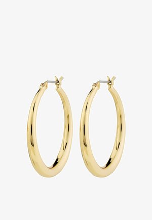 Goldene Creolen mit einer glatten, glänzenden Oberfläche und runder Form. Verfügt über einen einfachen Verschlussmechanismus. Keine zusätzlichen Verzierungen.