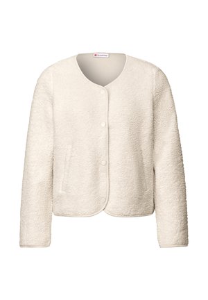 Cream-colored fleece jacket with a round neckline, snap-button closure, and a soft, textured finish. Features long sleeves and a cropped design.
