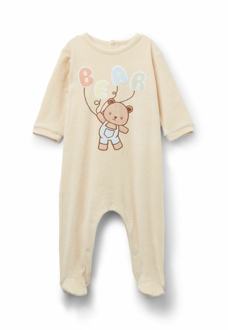 Beige Baby-Overall aus weichem Stoff. Mit einem Bärchen-Motiv, das bunte Ballons hält, und Druckknopfverschlüssen im Schritt für einfaches Anziehen.