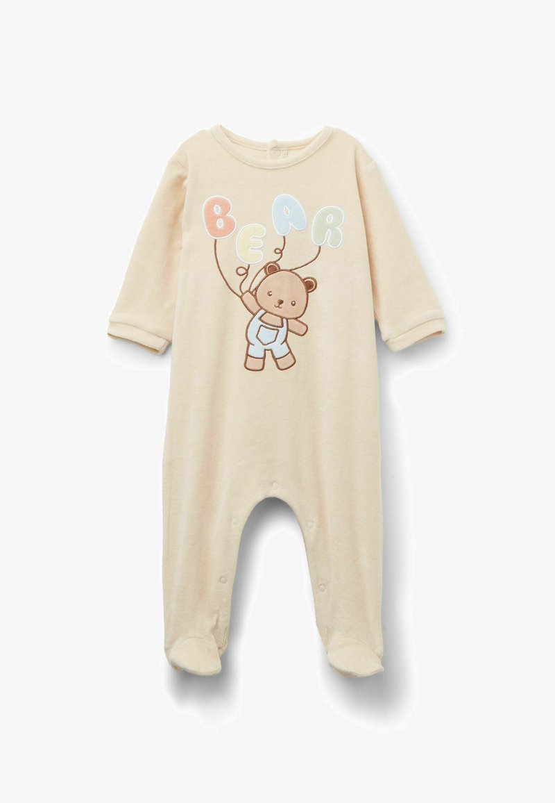 Beige Baby-Overall aus weichem Stoff. Mit einem Bärchen-Motiv, das bunte Ballons hält, und Druckknopfverschlüssen im Schritt für einfaches Anziehen.