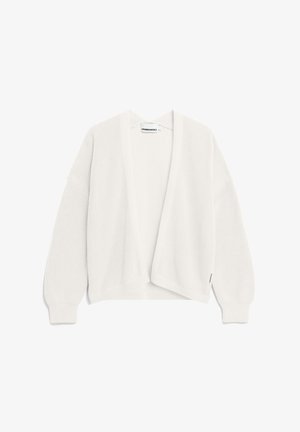 White open-front cardigan made of textured knit fabric, featuring loose sleeves and ribbed cuffs. Minimalist design, no fastenings.