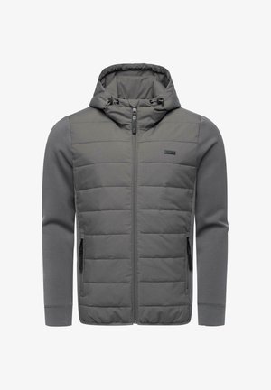 Gray hooded jacket featuring a quilted front, smooth sleeves, zippered pockets, and a drawstring hood for adjustable fit.