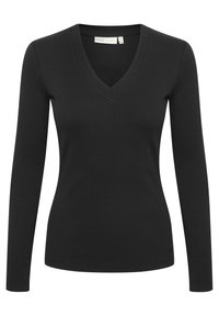 Maglietta nera a maniche lunghe realizzata in tessuto a costine, con scollatura a V e una silhouette aderente. Design semplice senza motivi o dettagli aggiuntivi.