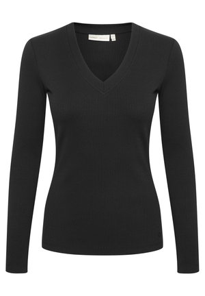 Maglietta nera a maniche lunghe realizzata in tessuto a costine, con scollatura a V e una silhouette aderente. Design semplice senza motivi o dettagli aggiuntivi.