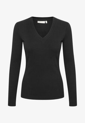 Mustassa pitkähihaisessa paidassa on ribbikangasta, V-pääntie ja istuva siluetti. Yksinkertainen muotoilu ilman lisäkuvioita tai koristeita.
