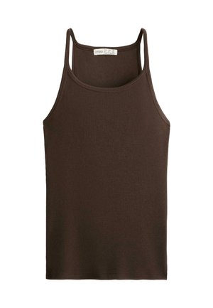 Brown ribbed tank top with thin straps and a rounded neckline. The texture is smooth, and the bottom hem is finished with a simple seam.