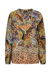 Bunte Bluse mit einer Mischung aus floralem und tierischem Druck. Lange Ärmel, Knopfleiste, leichtes Gewebe mit glatter Textur.