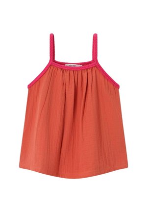 Mouwloze oranje jurk met roze gevlochten bandjes en een afwerking bij de halslijn, met een geplooide voorkant en een losse, vloeiende pasvorm.