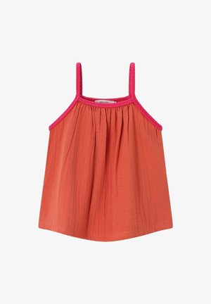 Mouwloze oranje jurk met roze gevlochten bandjes en een afwerking bij de halslijn, met een geplooide voorkant en een losse, vloeiende pasvorm.