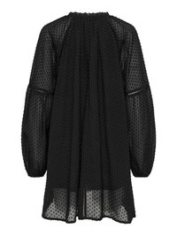 Robe longue noire transparente à manches longues avec des pois texturés, encolure élastique et poignets froncés, tombant au-dessus du genou.
