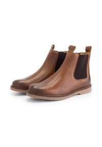 Bruine leren Chelsea-booties met elastische zijkanten, trekriemen, een ronde neus en een contrasterende beige rubberen zool. Glad oppervlak.