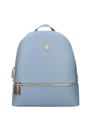 Zaino in pelle azzurro chiaro con cerniere dorate, una piccola maniglia superiore e un logo dorato con cavallo e cavaliere sulla parte frontale.