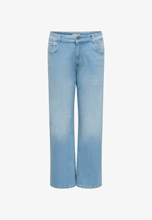 Világoskék farmernadrág egyenes szárú szabással, gombos és cipzáras záródással, valamint elülső és hátsó zsebekkel.