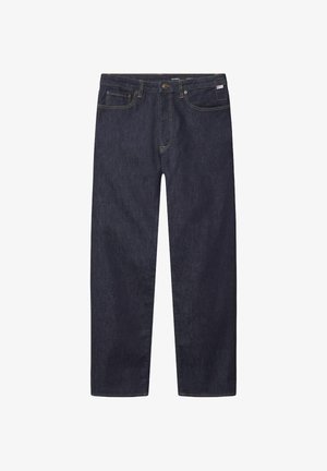 Tumši zila džinsu auduma bikses ar taisnu kāju dizainu, ar pogu aizdari, piecām kabatām un kontrastējošiem zelta diegiem.