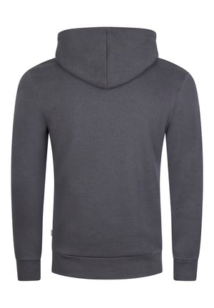 Grauer Kapuzenpullover aus Baumwolle, mit einer Kängurutasche, gerippten Bündchen und Saum, glatter Textur und verstellbarer Kapuze.