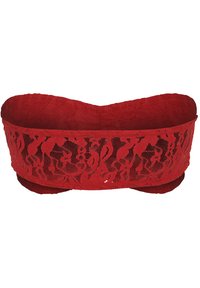 Sarkanais mežģīņu bandeau tipa tops ar ziedu rakstu, tam ir gluda auduma odere un elastīgas malas, kas nodrošina labu fit un komfortu.