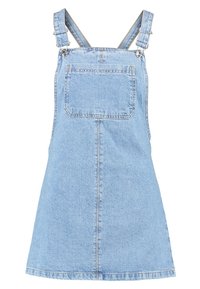 Jasnoniebieska sukienka ogrodniczka z denimu z regulowanymi ramiączkami, przednią kieszenią i prostym krojem. Posiada gładką fakturę i prosty design.