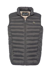 Szara kamizelka puchowa z wysokim kołnierzem, zapinana na zamek błyskawiczny, z poziomymi przeszyciami. Na lewej stronie klatki piersiowej znajduje się małe logo marki.