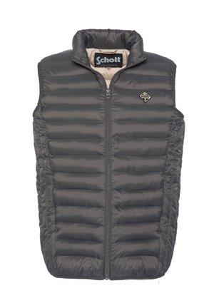 Smanicato imbottito grigio con collo alto, chiusura a zip e cuciture orizzontali. Presenta un piccolo logo del marchio sul lato sinistro del petto.