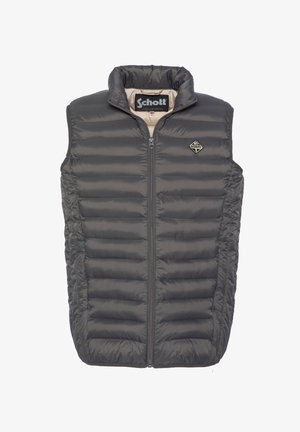 Graue gesteppte Weste mit hohem Kragen, Reißverschluss und horizontalen Steppnähten. Verfügt über ein kleines Markenlogo auf der linken Brust.