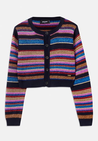 Csíkos, rövidített kardigán sötétkék színben, élénk, színes csillogó csíkokkal, bordázott mandzsettákkal és öt gombos elülső zárással.